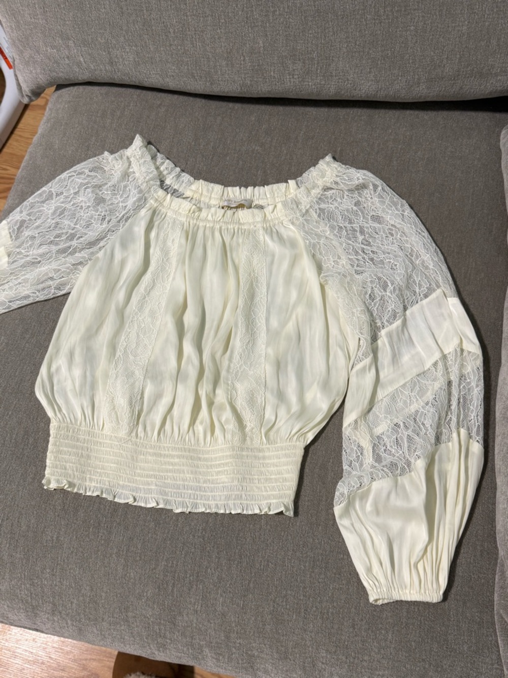 Ramy Brook Cream Lace-Trim Smocked Blouse